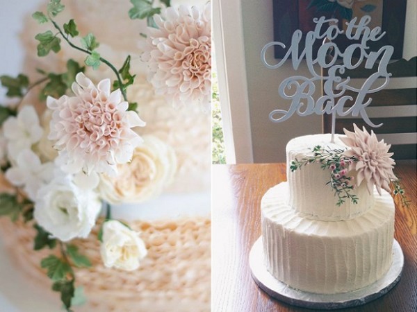 dahlia wedding cakes Maggie Austin left, Better OffWed via Etsy right